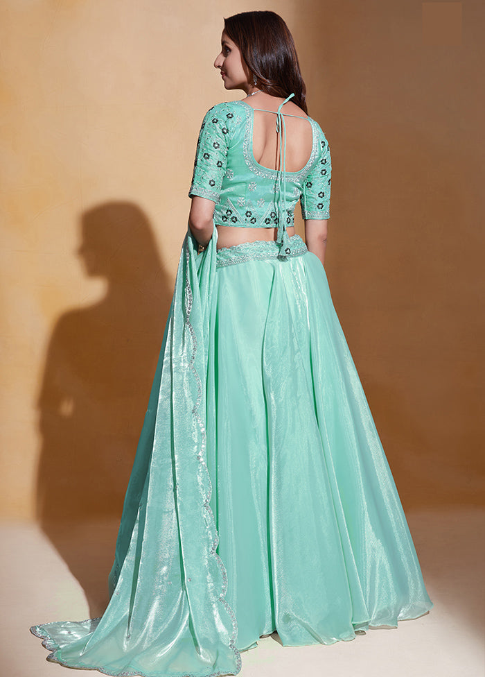 3 Pc Sea Green Net Semi Stitched Lehenga Set - Indian Silk House Agencies