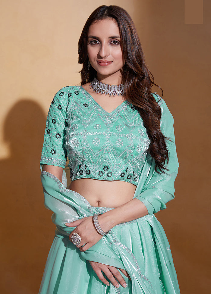 3 Pc Sea Green Net Semi Stitched Lehenga Set - Indian Silk House Agencies