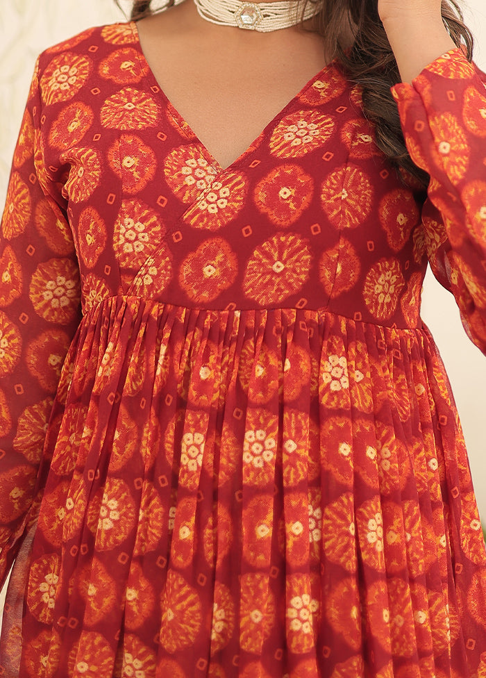 2 Pc Red Readymade Georgette Long Kurti Set - Indian Silk House Agencies
