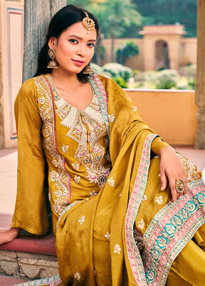 3 Pc Yellow Semi Stitched Silk Suit Set - Indian Silk House Agencies