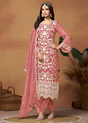 3 Pc Pink Semi Stitched Net Suit Set - Indian Silk House Agencies