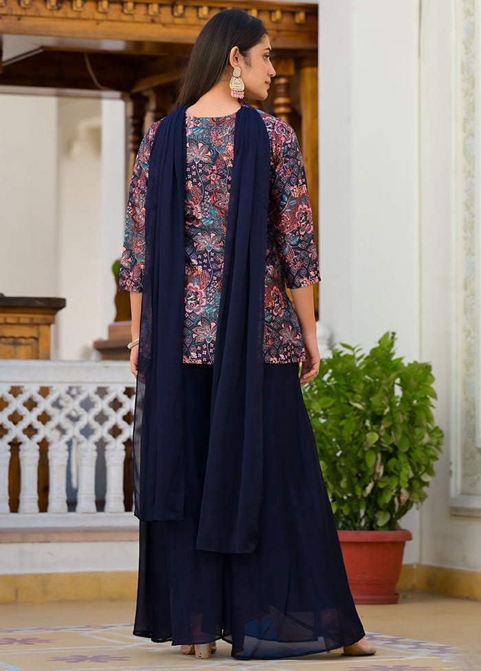 3 Pc Blue Readymade Silk Suit Set - Indian Silk House Agencies