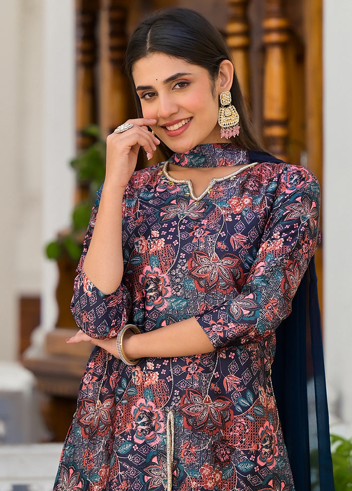 3 Pc Blue Readymade Silk Suit Set - Indian Silk House Agencies