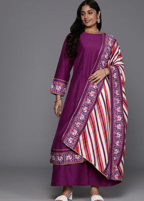 3 Pc Purple Readymade Silk Dupatta Suit Set