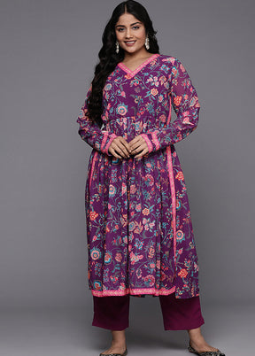 2 Pc Purple Readymade Georgette Kurti Set
