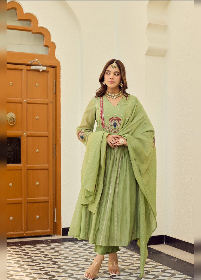 3 Pc Green Chanderi Silk Suit Set