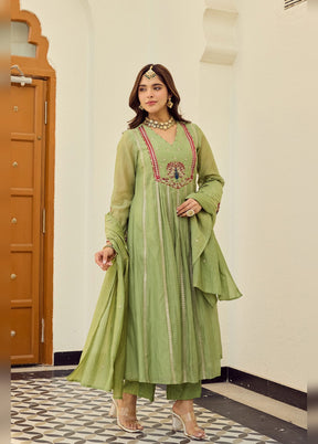 3 Pc Green Chanderi Silk Suit Set