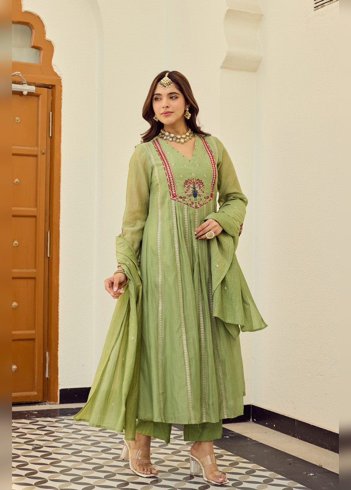 3 Pc Green Chanderi Silk Suit Set