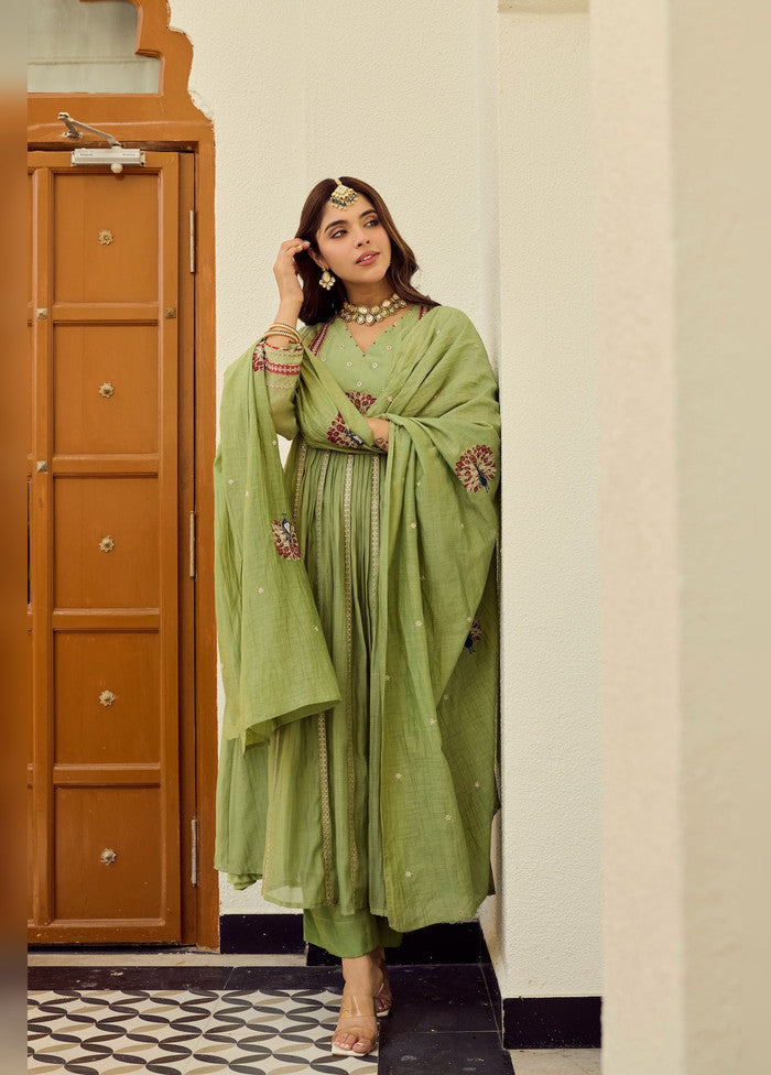 3 Pc Green Chanderi Silk Suit Set