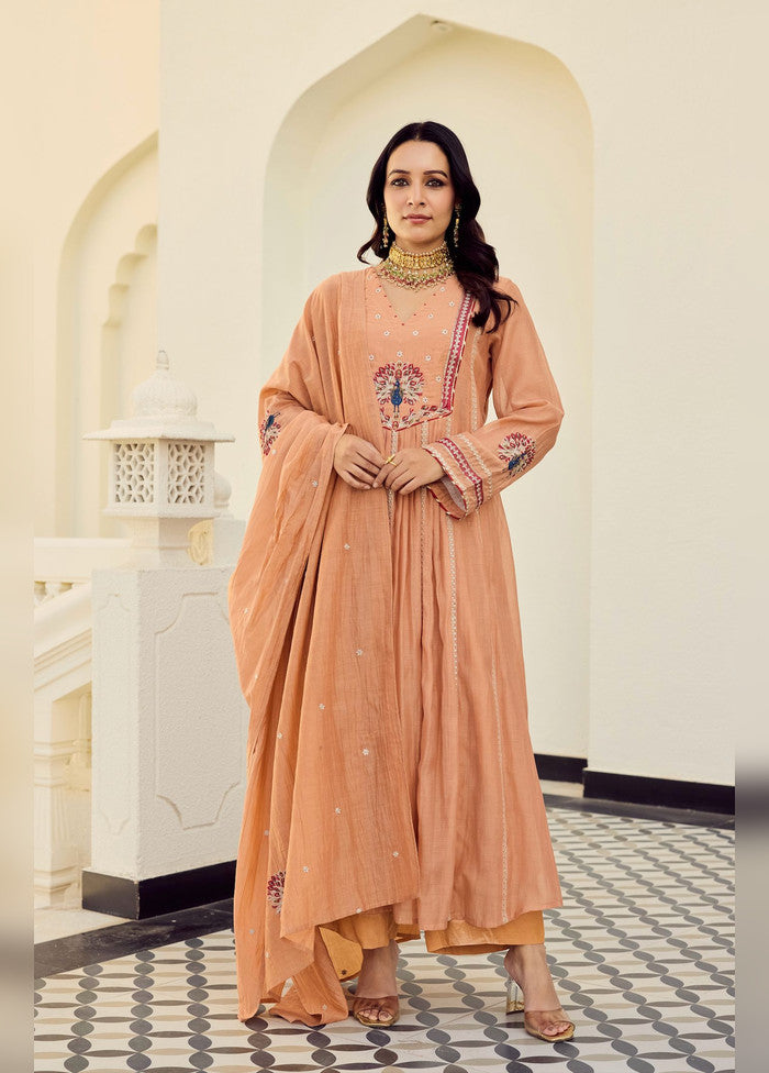 3 Pc Orange Chanderi Silk Suit Set