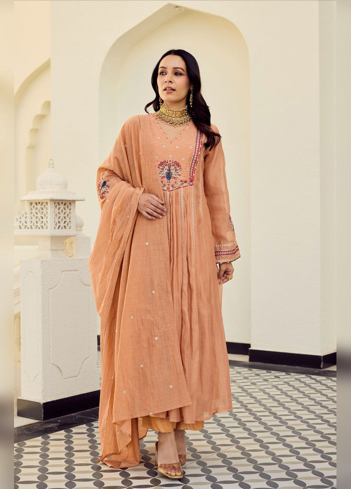 3 Pc Orange Chanderi Silk Suit Set