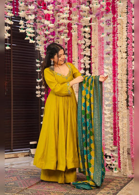 3 Pc Mustard Yellow Chanderi Silk Suit Set