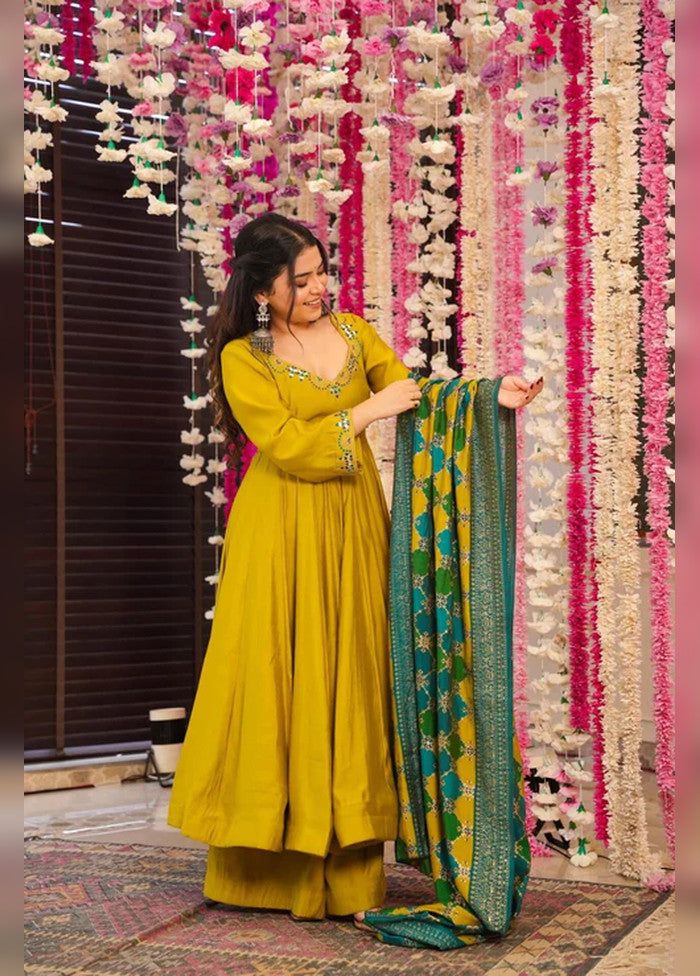 3 Pc Mustard Yellow Chanderi Silk Suit Set