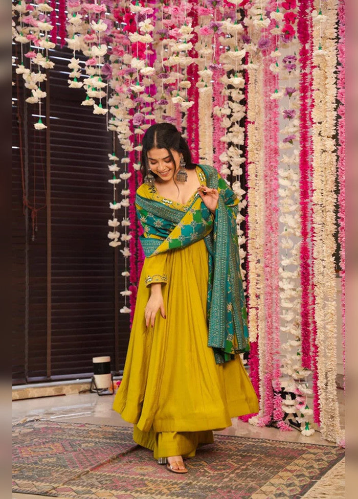 3 Pc Mustard Yellow Chanderi Silk Suit Set