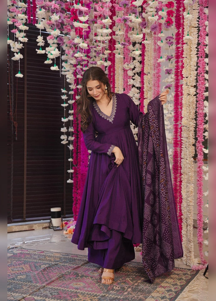 3 Pc Wine Chanderi Silk Suit Set