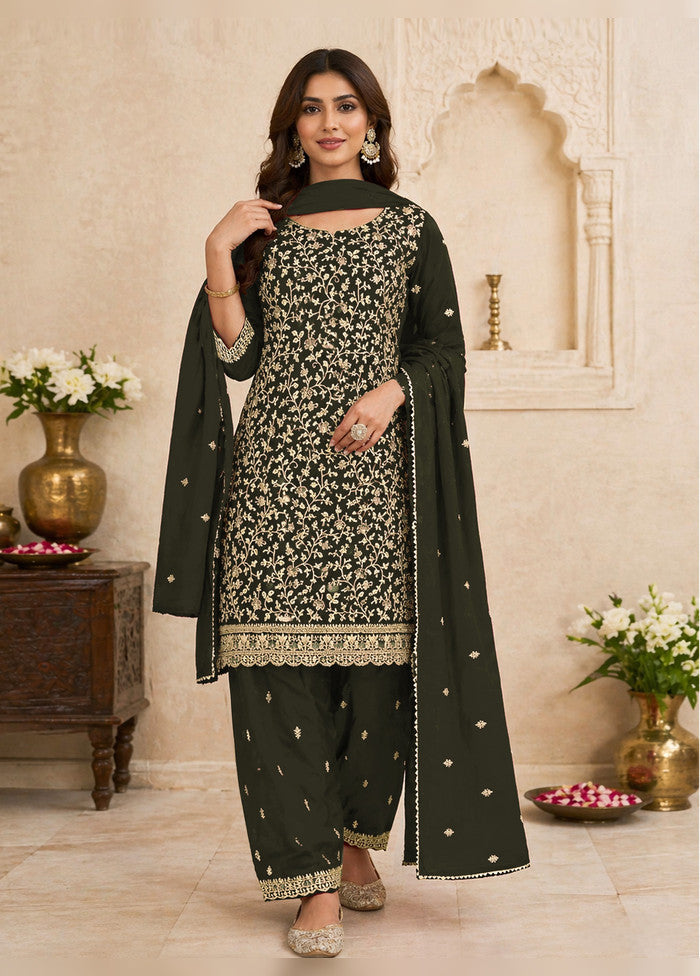 3 Pc Olive Green Georgette Suit Set