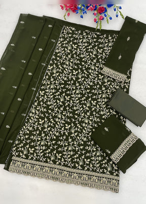 3 Pc Olive Green Georgette Suit Set