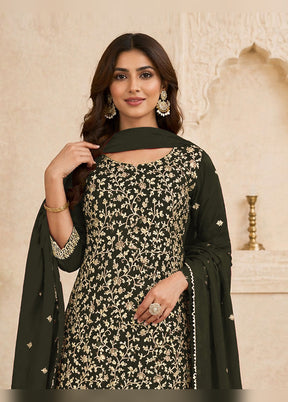 3 Pc Olive Green Georgette Suit Set