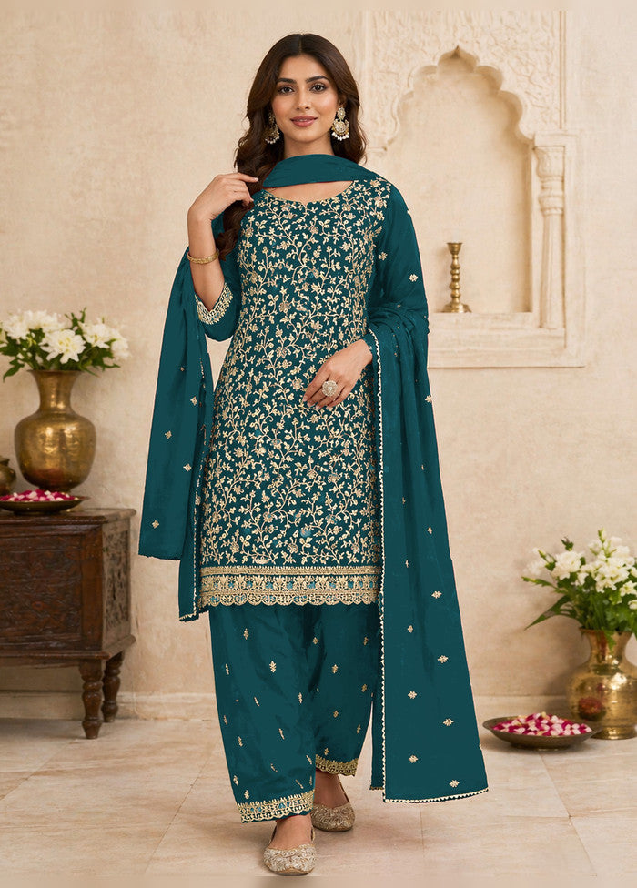 3 Pc Teal Georgette Suit Set