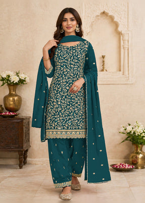 3 Pc Teal Georgette Suit Set