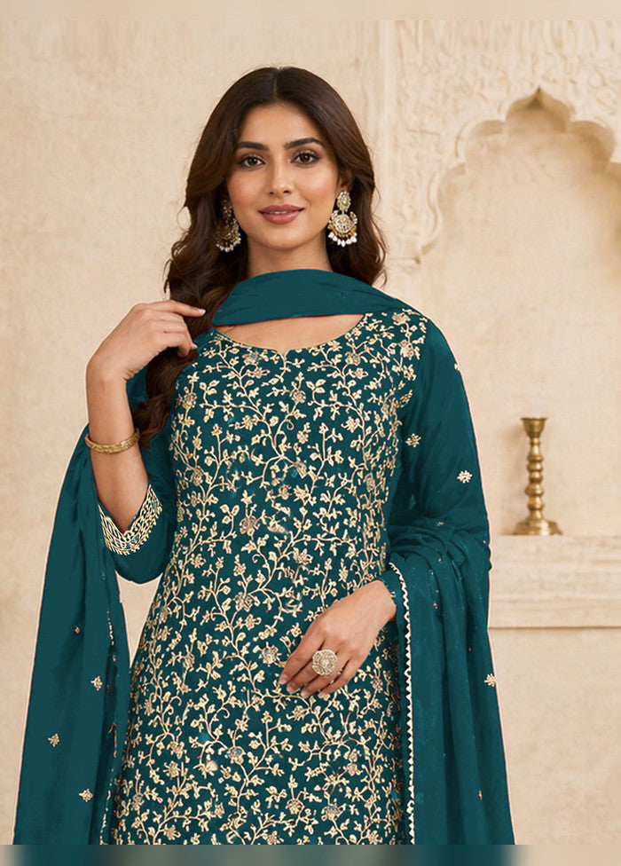 3 Pc Teal Georgette Suit Set