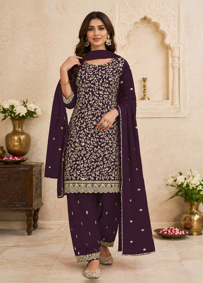 3 Pc Purple Georgette Suit Set