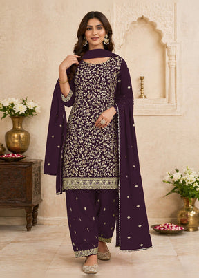 3 Pc Purple Georgette Suit Set