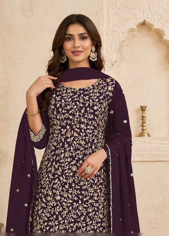 3 Pc Purple Georgette Suit Set