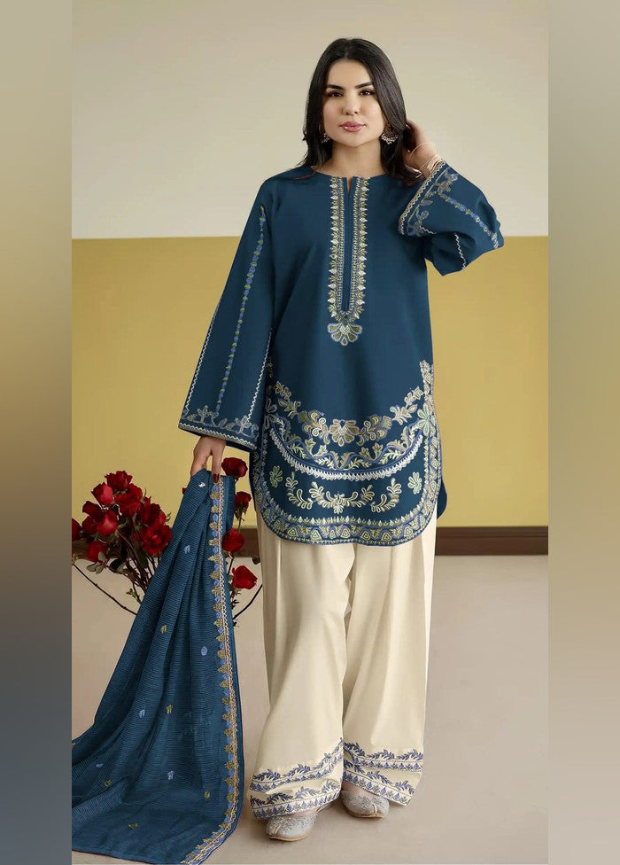 3 Pc Teal Blue Silk Suit Set