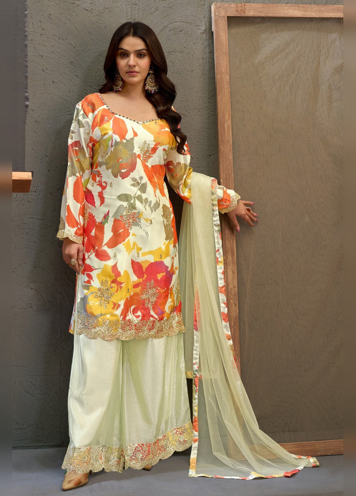 3 Pc Cream Silk Palazzo Suit Set