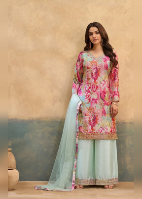 3 Pc Pink Silk Palazzo Suit Set