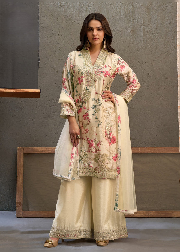 3 Pc Cream Silk Palazzo Suit Set