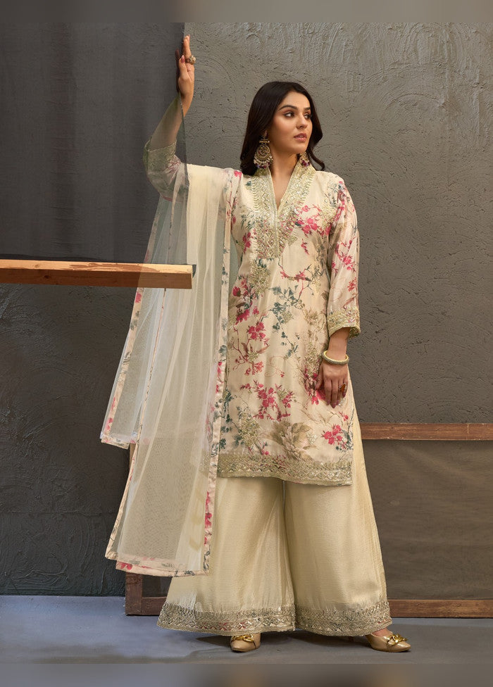 3 Pc Cream Silk Palazzo Suit Set