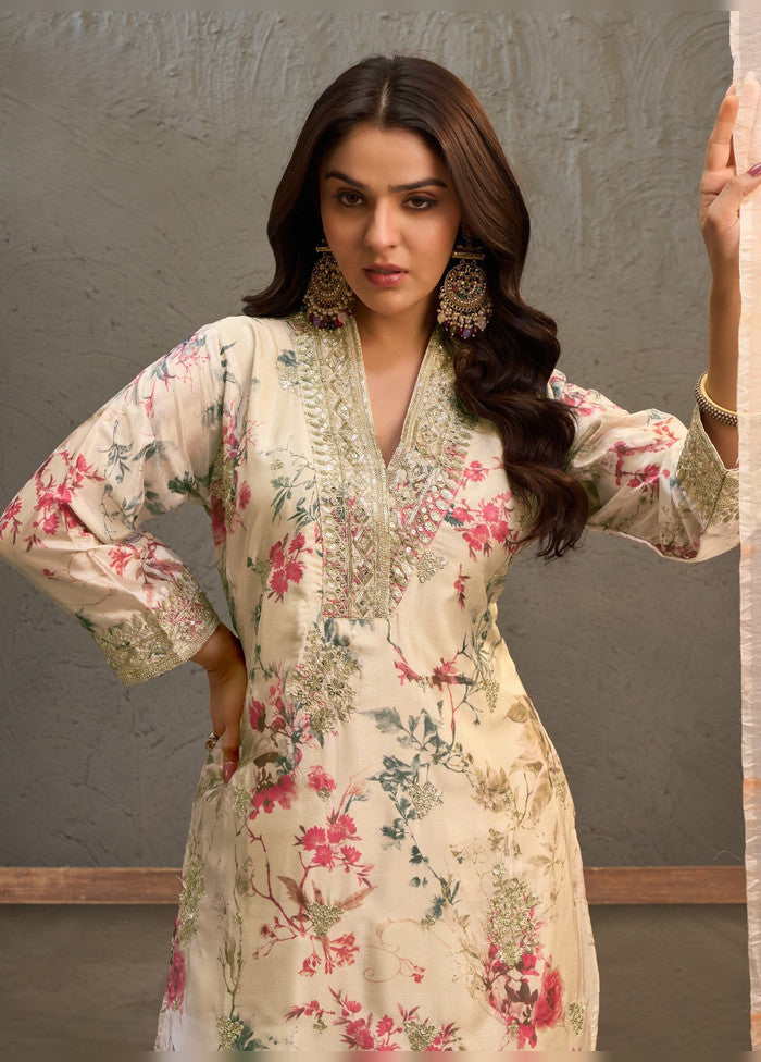 3 Pc Cream Silk Palazzo Suit Set