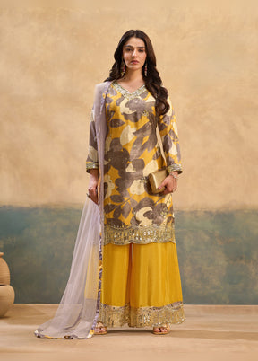 3 Pc Yellow Silk Palazzo Suit Set