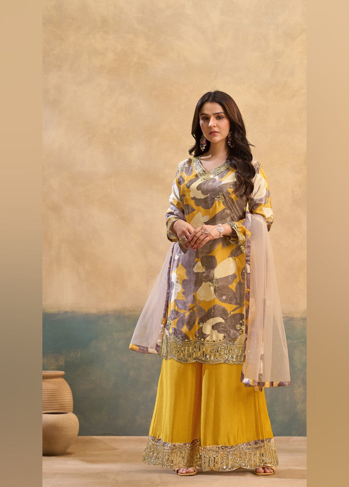 3 Pc Yellow Silk Palazzo Suit Set