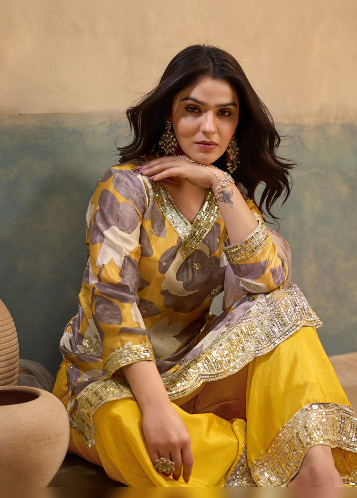 3 Pc Yellow Silk Palazzo Suit Set