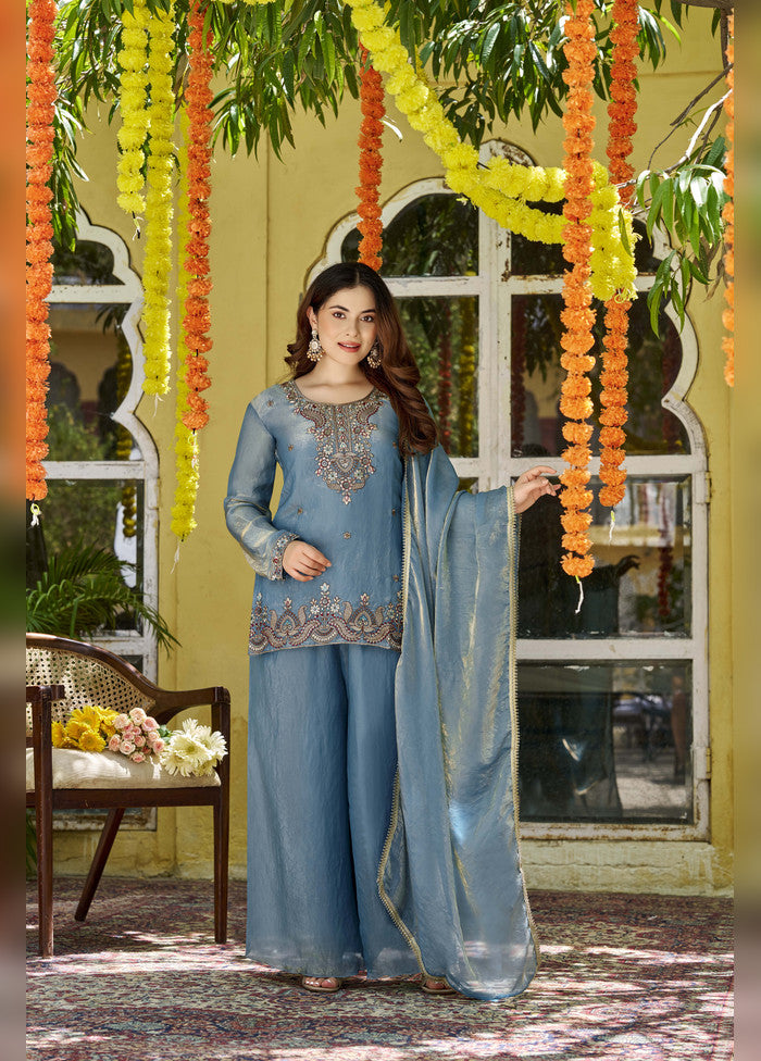 3 Pc Blue Fendy Satin Suit Set