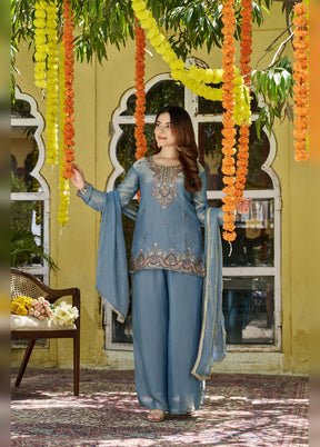 3 Pc Blue Fendy Satin Suit Set