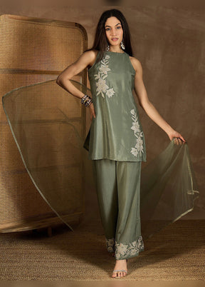 3 Pc Pista Green Silk Suit Set