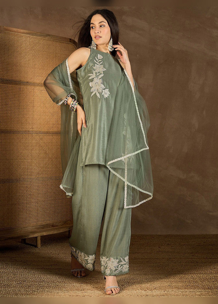 3 Pc Pista Green Silk Suit Set