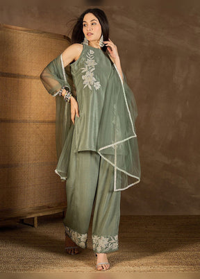 3 Pc Pista Green Silk Suit Set