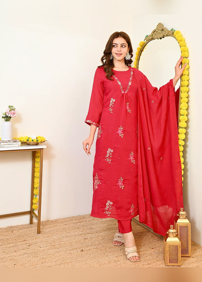 3 Pc Red Chanderi Silk Suit Set