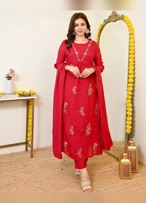3 Pc Red Chanderi Silk Suit Set