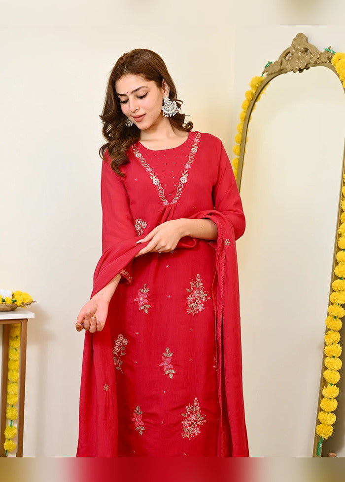 3 Pc Red Chanderi Silk Suit Set