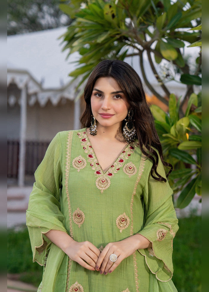 3 Pc Pista Green Silk Suit Set