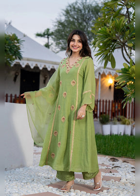 3 Pc Pista Green Silk Suit Set