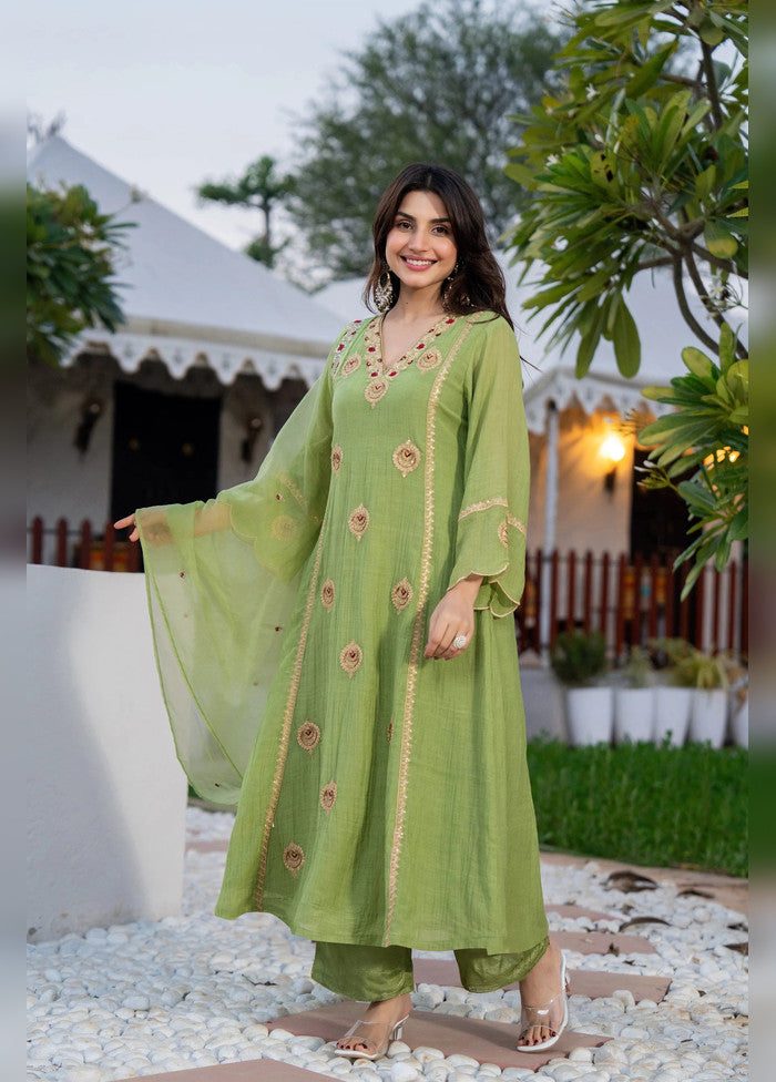 3 Pc Pista Green Silk Suit Set