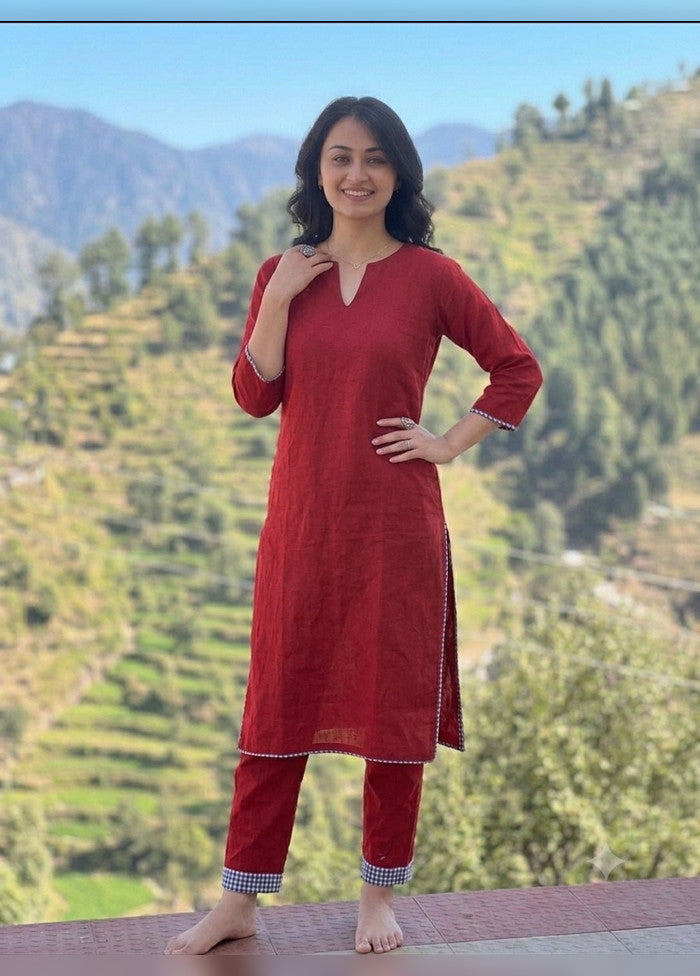 2 Pc Red Cotton Kurti Set