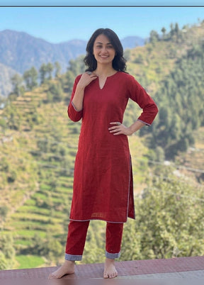 2 Pc Red Cotton Kurti Set
